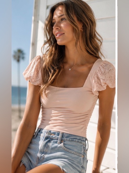 Express Tops - Express Blush Pink Eyelet Puff Sleeve Top